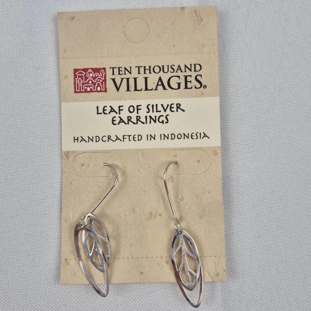 Ten Thousand Villages Leaf Silver‎ Earrings Handcrafted Fair Trade Indonesia NWT